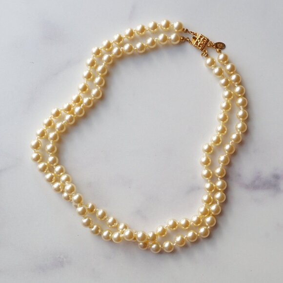 1990s Nolan Miller Two-Strand Faux Pearl Necklace w/ Gold-Plated Filigree Clasp - Picture 1 of 3